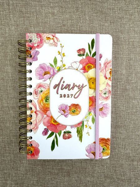 2027 A5 Diary Spiral - Day to Page - Watercolour Floral