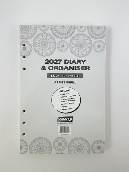 2027 Organiser Diary Refill A5 - Day to a Page