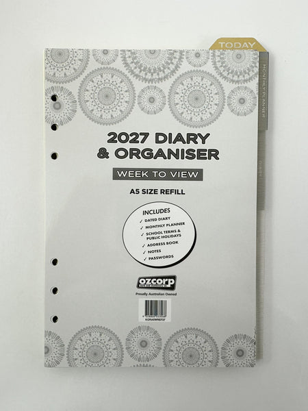2027 Organiser Diary Refill A5 - Week to View