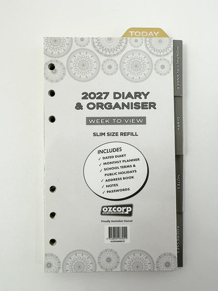 2027 Organiser Diary Refill - Slim Week to View